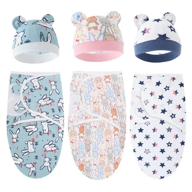 Conjunto de gorro y manta para bebé, manta ajustable de algodón con estampado de dibujos animados para recién nacido, envolturas aplicables para todas las estaciones de 0 a 6 meses