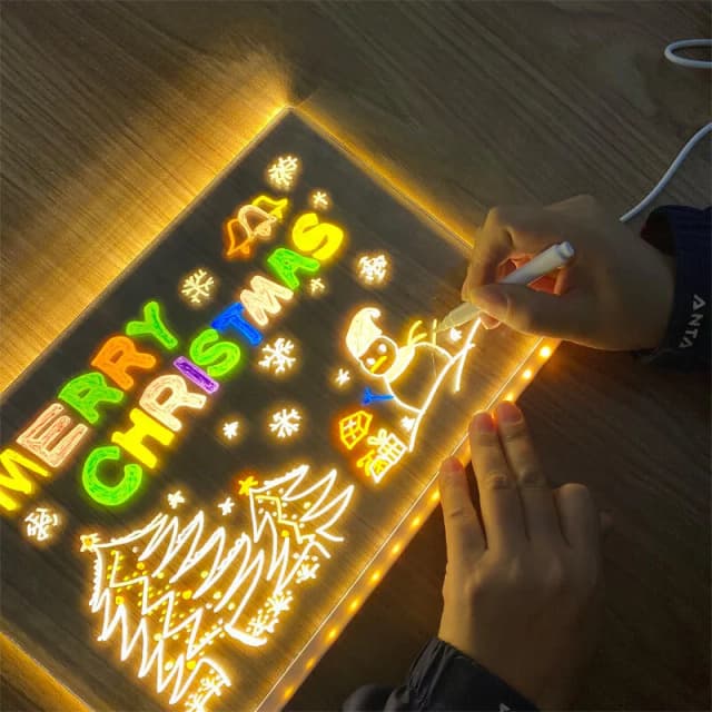 Tablero de mensajes acrílico iluminado, tablero de dibujo brillante regrabable DIY para niños, lámpara de mensaje con 7 bolígrafos coloridos