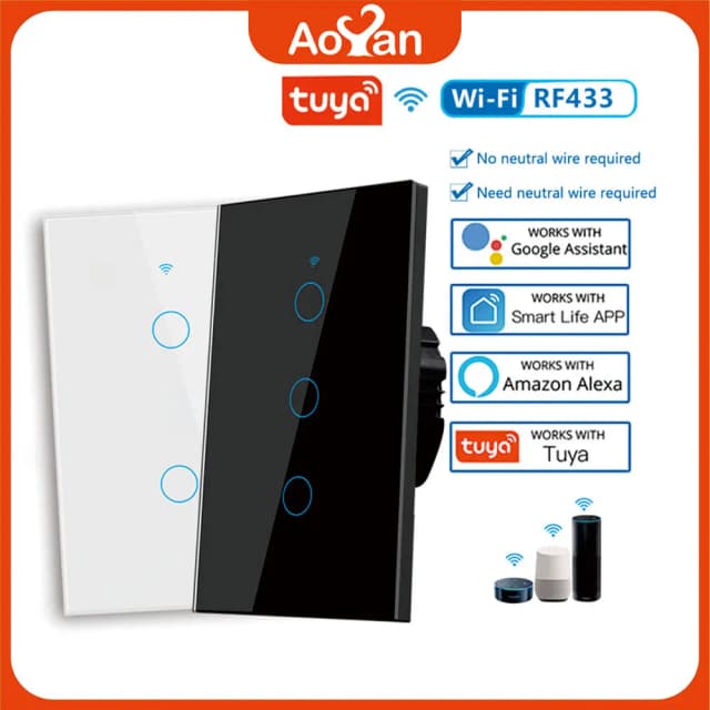 Tuya US WiFi interruptor de pared inteligente RF433 1/2/3/4 Gang sin cable neutro Sensor táctil interruptores de luz LED hogar inteligente Alexa Google Home