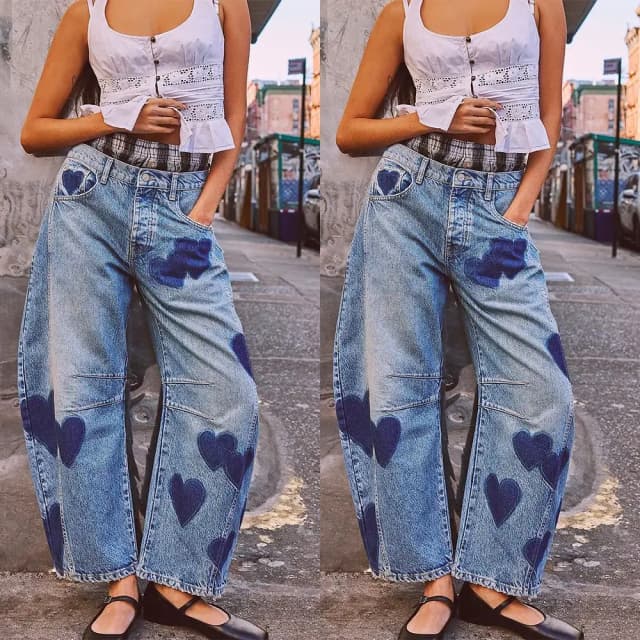 Pantalones vaqueros con estampado para mujer, pantalones largos informales holgados de mezclilla azul con corazón para mamá, pantalones de pierna ancha a media cintura, pantalones con botones de bolsillo Y2k empalme 2025
