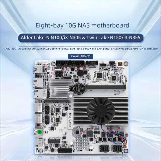 Placa base NAS CWWK de ocho ranuras 10G N150/N305/N355/tarjeta de red dual 2,5G + puerto 10G 10G/DDR5 único + NAS NVME dual