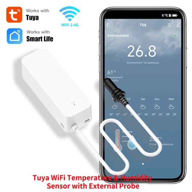 Sensor de temperatura y humedad WiFi Tuya con sonda externa para higrómetro doméstico inteligente, monitoreo por aplicación para plantas, acuario, bodega