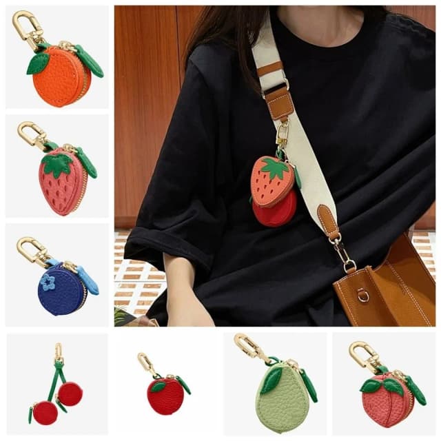Monedero portátil con forma de fruta y cereza, billetera con colgante de cuero PU con fresa, monedero, bolsa para auriculares al aire libre