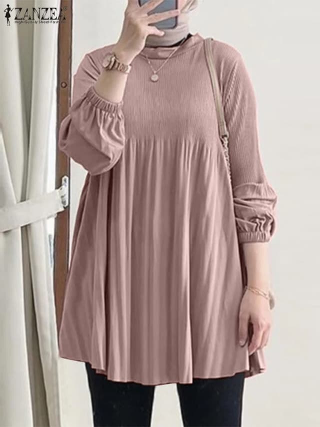 ZANZEA-Blusas largas plisadas islámicas musulmanas para Mujer, Blusas informales de manga larga con cuello redondo, Tops tipo túnica de Color sólido a la moda para Mujer