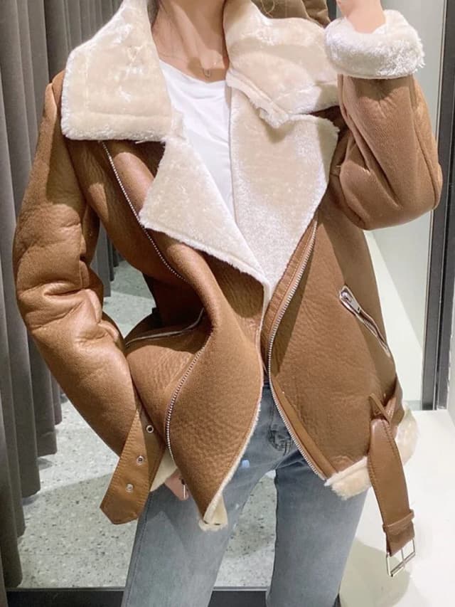 Ailegogo-abrigo grueso y cálido para mujer, chaqueta de ante marrón con cinturón, de piel sintética de cordero, a prueba de viento, para invierno