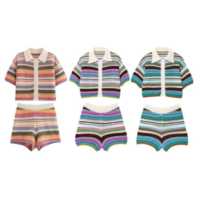 Conjunto de suéter corto de punto de ganchillo calado a rayas de retales para mujer, conjunto de pantalones cortos de manga corta con cuello tipo Polo, suéter, pantalones cortos de punto, traje Y2K