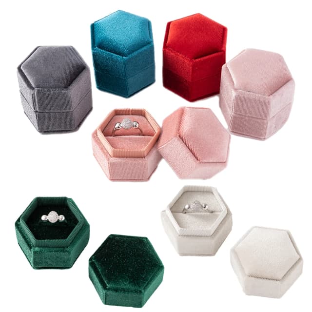 Caja de anillo hexagonal de terciopelo con ranura única para compromiso, recuerdo de boda, foto nupcial, expositor de joyería, venta de exhibición de almacenamiento