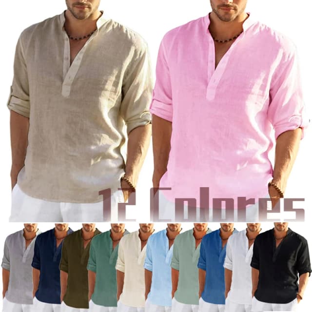 Nueva camiseta de manga larga de lino para hombre, camisa informal holgada de Color sólido, camisa de lino de algodón de manga larga