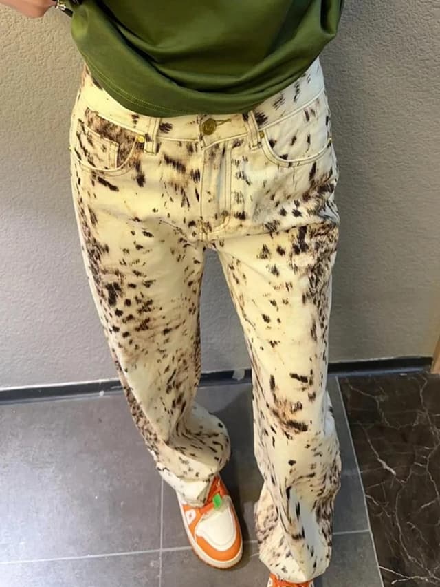 Vaqueros holgados de pierna ancha para mujer, Vaqueros rectos con estampado de leopardo Retro de cintura alta, ropa de calle de calle alta, pantalones vaqueros Vintage Y2k