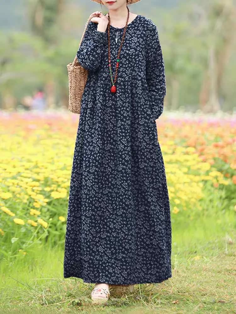 ZANZEA-vestido Floral Vintage para mujer, Vestidos largos bohemios de otoño, Maxi Vestidos informales de manga larga, bata holgada de talla grande para mujer 2025