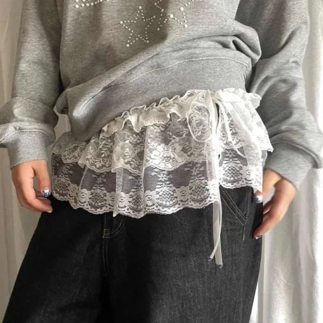 Minifalda en capas de encaje coreano Y2K para mujer, ropa de calle con cordones y volantes, faldas plisadas de cintura alta Harajuku, ropa