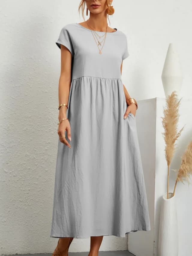 Vestido liso Vintage para mujer, vestidos elegantes de lino y algodón de manga corta con cuello redondo, vestido veraniego holgado informal para mujer 2023