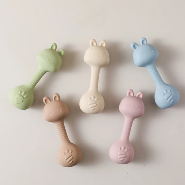 Sonajeros para bebé de 0 a 3 meses, juguetes con dibujos de conejos, martillo de arena, Maracas de silicona, sonajero de silicona, juguetes mordedores para bebé