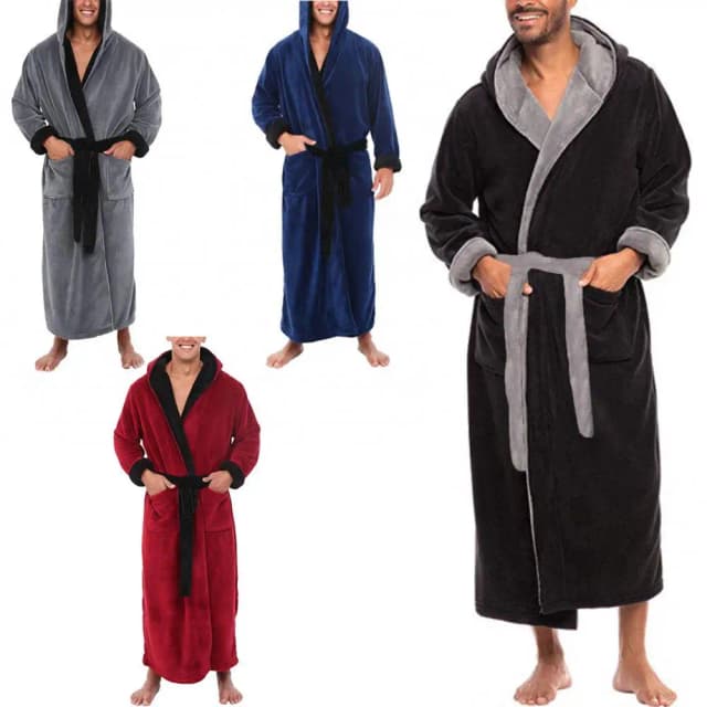 Albornoz para hombre, ropa de dormir de lana Coral, albornoz de otoño para adultos, bata con cuello en V, pijamas para hombres y mujeres, camisón de manga larga, bata de baño para hombre