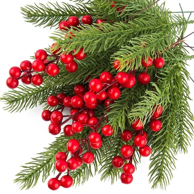 10 Uds. De decoración navideña, ramas de pino artificiales, bayas de acebo, ramas de bayas rojas para decoración de regalos de corona de árbol de Navidad