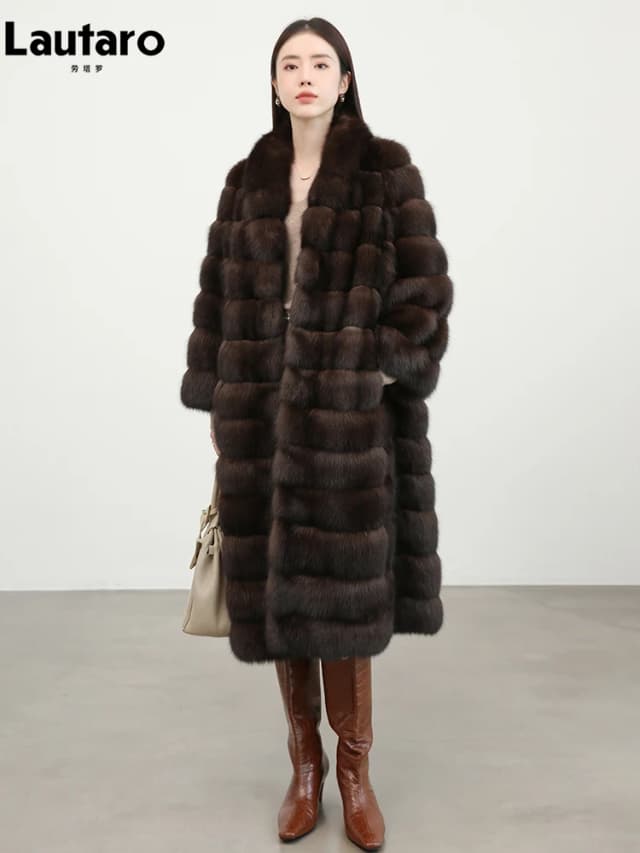Lautaro-abrigo largo y grueso de piel de imitación de Sable para mujer, abrigo elegante de lujo y elegante, cuello chal, esponjoso, alta calidad, Otoño e Invierno