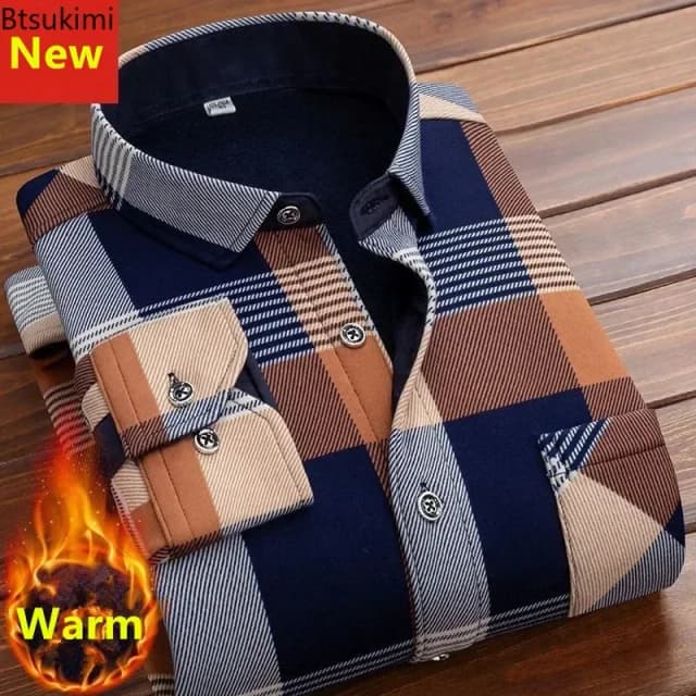 2025 Camisa a cuadros informal de manga larga para otoño e invierno para hombre, camisa gruesa y cálida informal de alta calidad, camisa cálida suave de talla grande, Tops 4XL