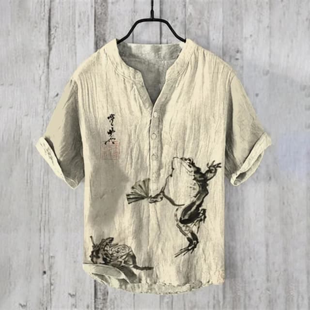 Camiseta Grande de bambú y cáñamo con 3 botones, camisa de manga corta con cuello de pie, transferencia de calor 3D Digital, novedad de verano 2024