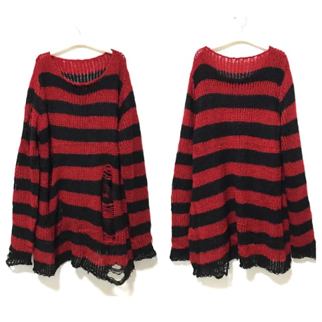 Nuevo suéter largo Punk gótico Unisex de verano para mujer a rayas fresco ahuecado agujero roto Jumper suelto Rock fino ropa de calle oscura Top