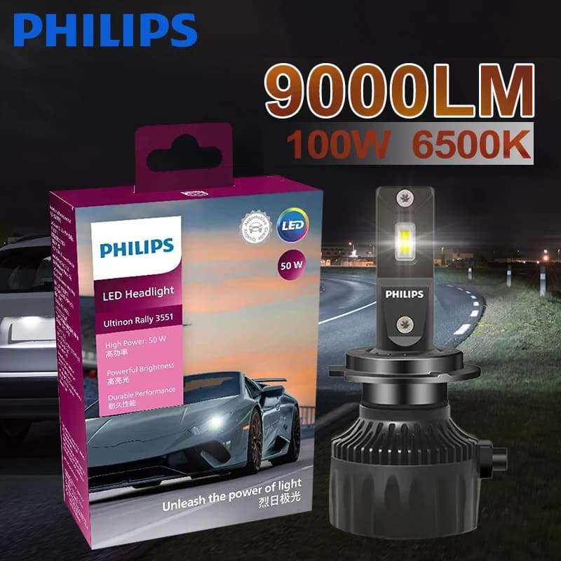 Bombilla LED Philips Ultinon Rally 3551 H4 H7 H11 HB3/4 9006 9005 HIR2 para Faros Delanteros de Automóvil, 6500K Blanco, Potencia Máxima 100W, Lumen Máximo 9000lm