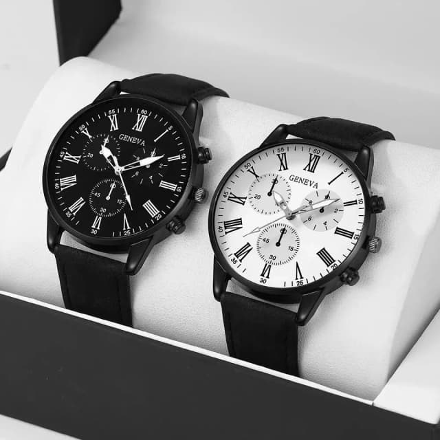Conjunto de 2 uds de relojes de cuero informales a la moda para parejas, relojes de pulsera de cuarzo con esfera Simple para mujer, reloj de vestir para mujer