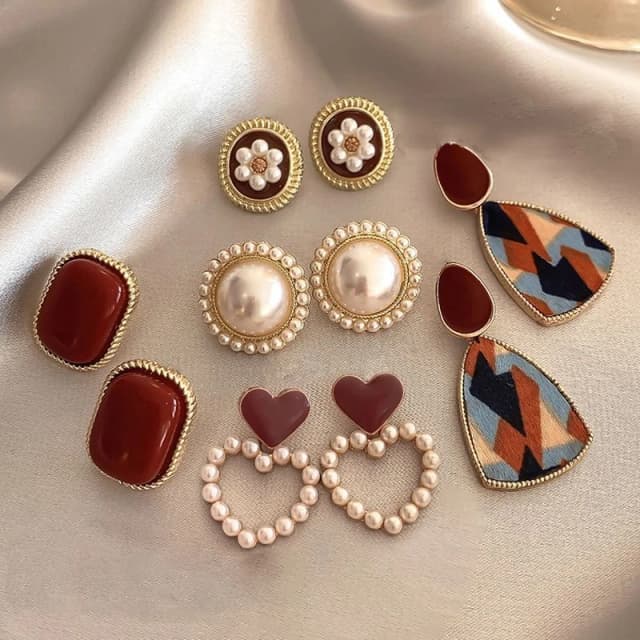 Pendientes Vintage con goteo de aceite para mujer, aretes Retro de color rojo vino, perla coreana, flor, forma de corazón, pendiente geométrico, joyería de alto sentido