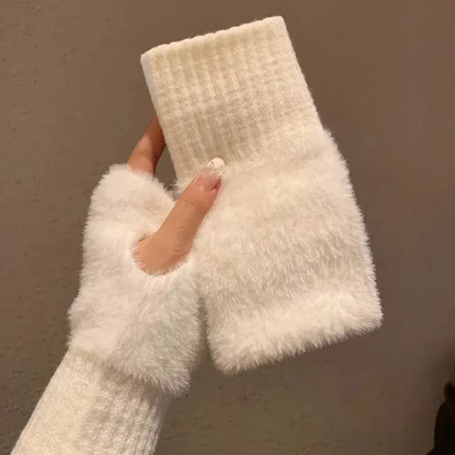 Guantes suaves de invierno con medio dedo para mujer, cálidos guantes sin dedos de punto de felpa blancos sólidos de lujo, manoplas para escribir