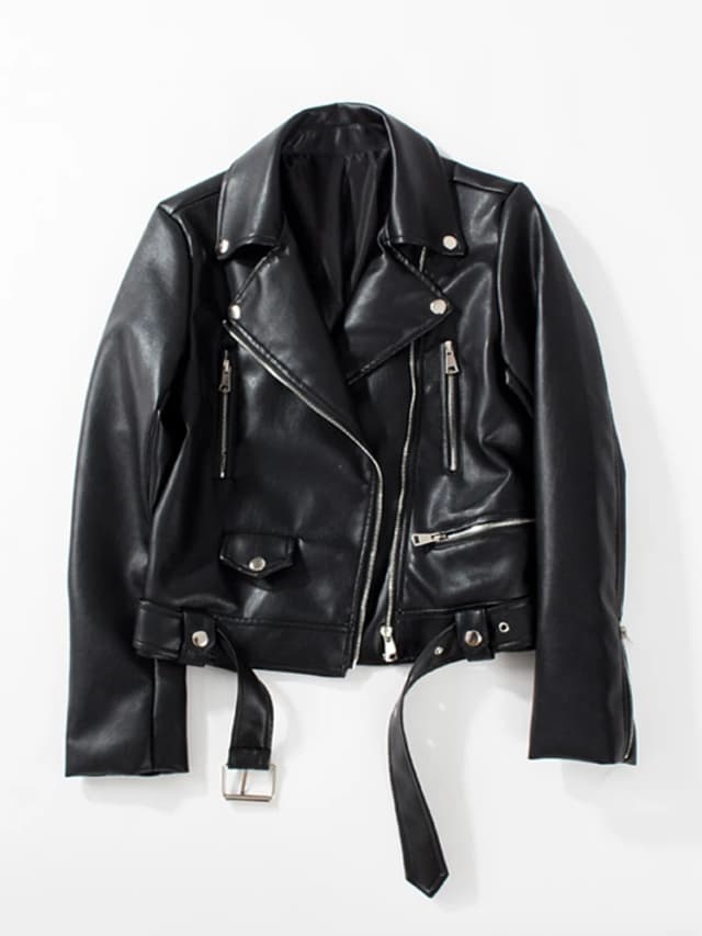 Ailegogo-Chaqueta de piel sintética suave para mujer, abrigo básico ajustado con cinturón, color negro, para motocicleta, primavera y otoño, novedad