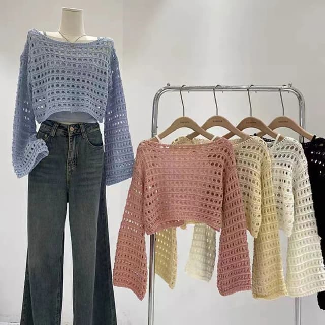 Top de punto de ganchillo de manga larga para mujer, Jersey corto para cubrir Bikini de playa, blusa de punto de lana, traje bohemio de vacaciones para verano