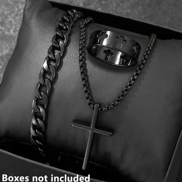 Conjunto de joyería de aleación de moda de 3 piezas para hombre: combinación de collar, pulsera y anillo con colgante de cruz