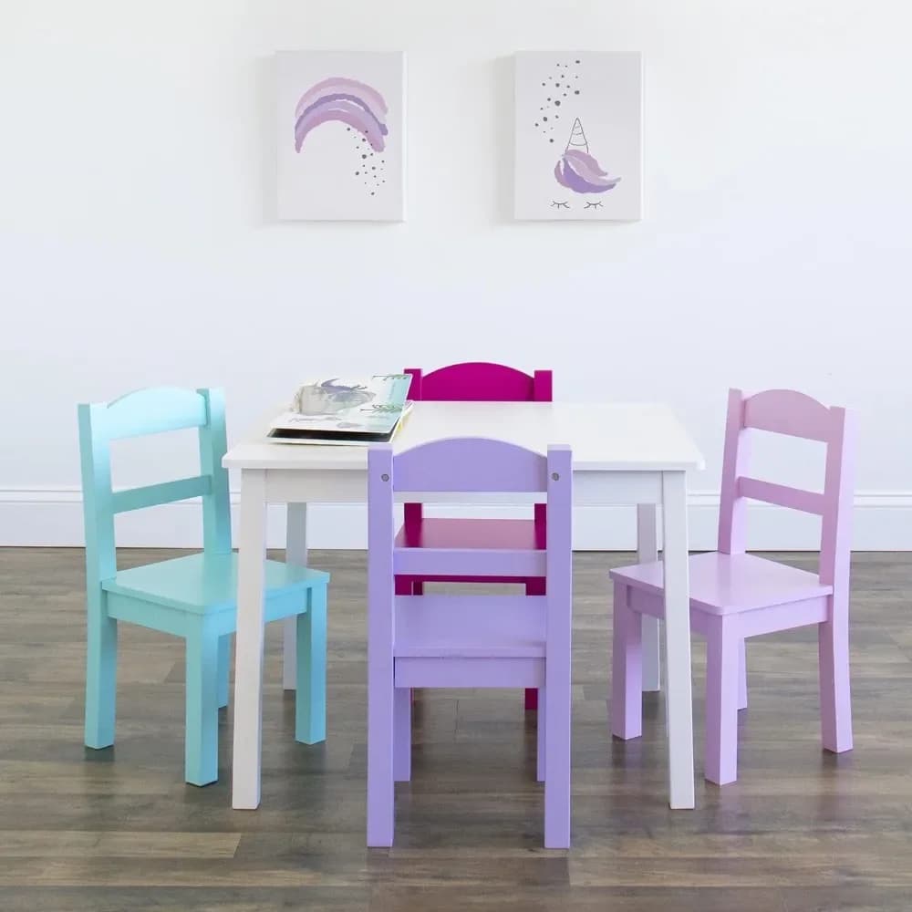 Juego de mesa y silla de madera para niños, 4 sillas incluidas, Ideal para Artes y manualidades, tiempo de aperitivos, decoración en casa, blanco, rosa, morado