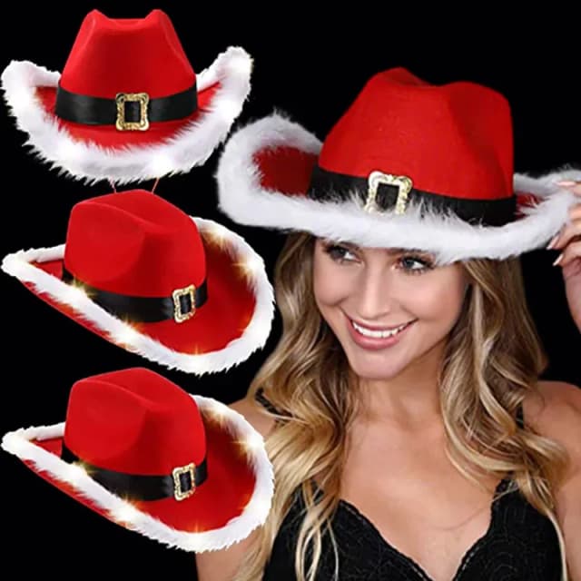 Sombrero de vaquero luminoso de Navidad para fiesta de Papá Noel, sombreros de fieltro rojo occidental, sombrero de vaquera de ala ancha, sombrero de Jazz para mujeres y hombres