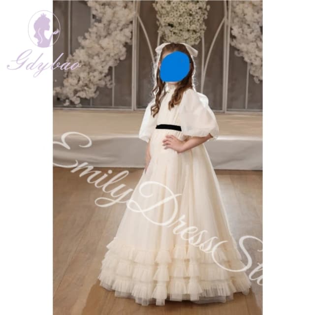 Abito da ragazza di fiori personalizzato per matrimonio, collo a vita alta, mezze maniche, tulle gonfio, pieghe, compleanno per bambini, abiti da prima comunione