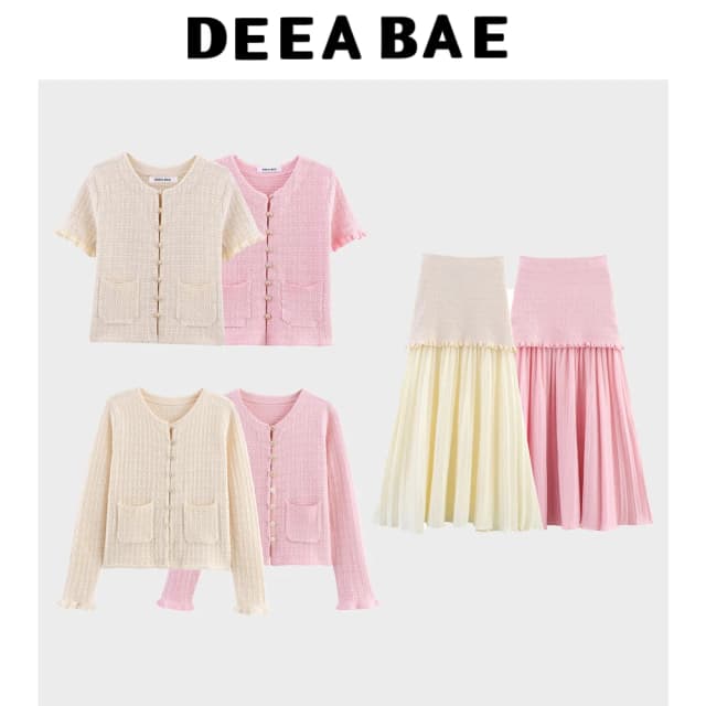 DEEABAE Otoño e Invierno nuevo cuello redondo hebilla decoración suave y versátil cárdigan de punto de manga corta conjunto de media falda