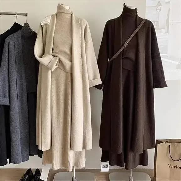 Conjuntos de tres piezas para mujer, suéter largo, chaleco, vestido tipo jersey tejido, cárdigan de ganchillo para primavera, Otoño e Invierno, falda de cintura alta Y2k 2024