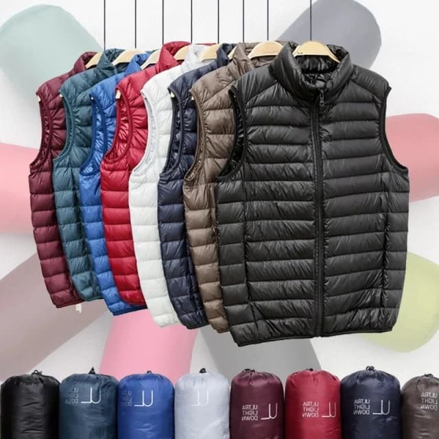 Chaleco acolchado ultraligero sin mangas para hombre, chaqueta de plumón ligera y cálida ultrafina, abrigos de plumón de pato para invierno 2024