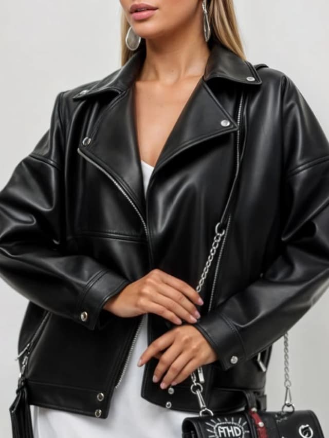 Ailegogo-Chaqueta de cuero sintético para mujer, abrigo holgado con cremallera y cinturón, color negro, para motociclista, primavera y otoño