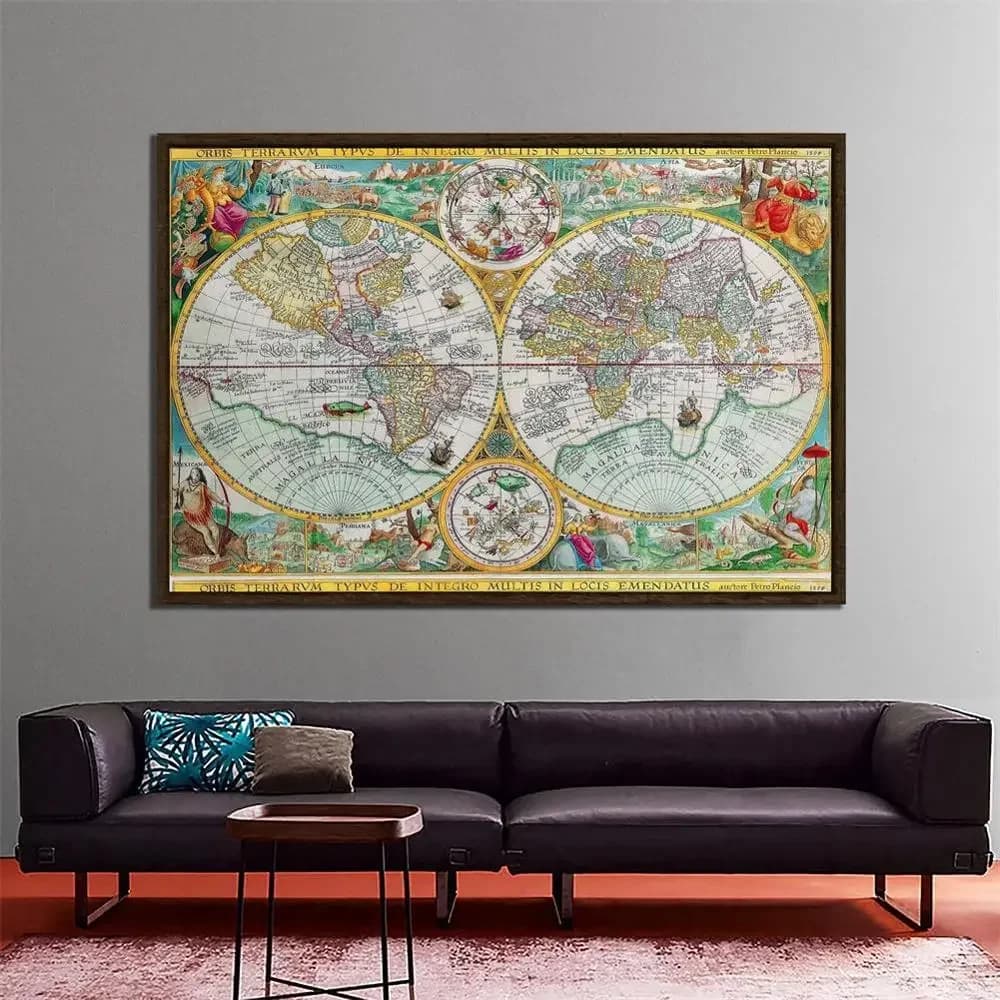 Orbis Terrarvm Typvs De Integro Multis en Locis Emendatus 1594 mapa del mundo no tejido mapa Retro para la escuela y el estudiante 150x225cm
