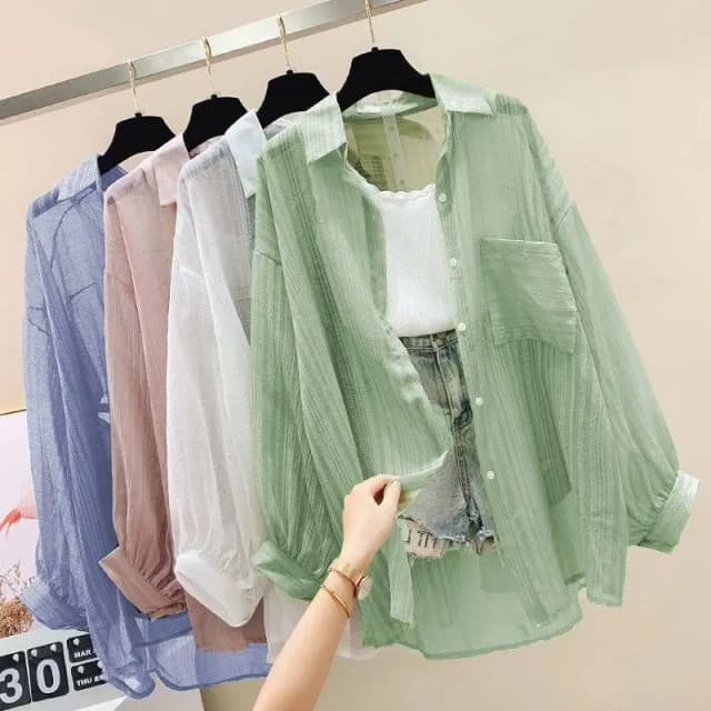 Camisa de protección solar de verano, blusa fina de gasa con perspectiva elegante, Harajuku coreano transparente, Top holgado, cárdigan informal para mujer