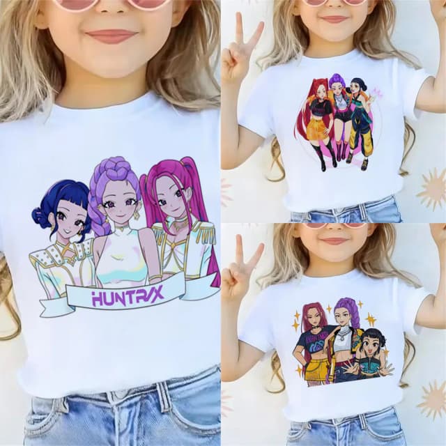 2025 película KPop Demon Hunters camiseta de verano de manga corta para Casual suelta chica niño estampado con dibujo Tops