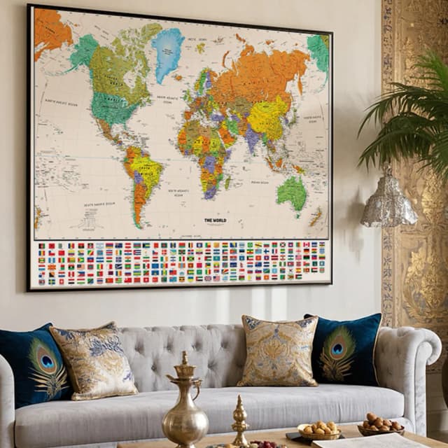 Mapa del mundo en inglés, póster de vinilo de 120x80cm, decoración Vintage para dormitorio, arte de pared sin marco, pintura, suministros escolares de oficina