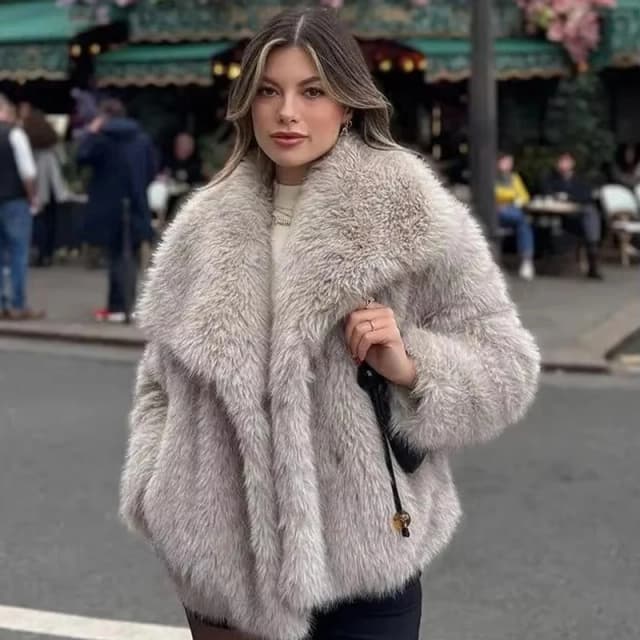 Abrigo de piel esponjosa degradada para mujer, chaqueta de piel de zorro sintética con cuello de piel grande de lujo, abrigos para mujer 2024