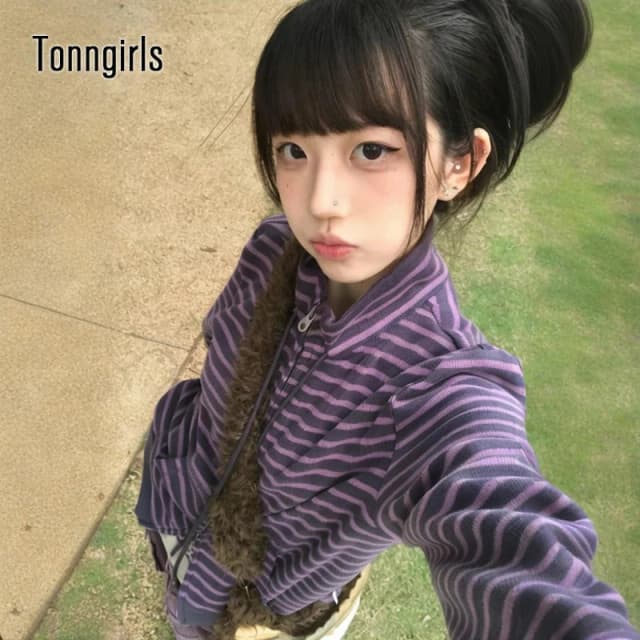 Tonngirls-sudaderas japonesas Y2k para mujer, sudadera de manga larga a rayas con cuello levantado, abrigos de invierno con gráfico de calle alta, E-girls