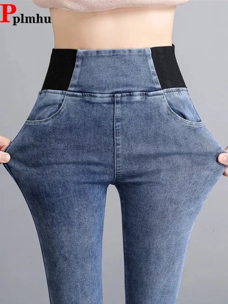 Vaqueros de tubo elásticos de cintura alta de gran tamaño 26-38 Vaqueros ajustados Vintage Patchwork Pantalones vaqueros informales nuevos Pantalones ajustados para mujer