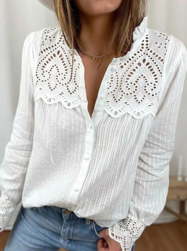Blusas holgadas de algodón de alta calidad para mujer, camisa de encaje para mujer, Tops informales de moda con cuello redondo, blusa de manga larga para mujer 2024