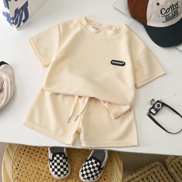 Terno infantil de verão, lazer solto, casual, meninas, meninos, waffle, manga curta, top sólido + shorts, 2 peças, roupa de dormir simples