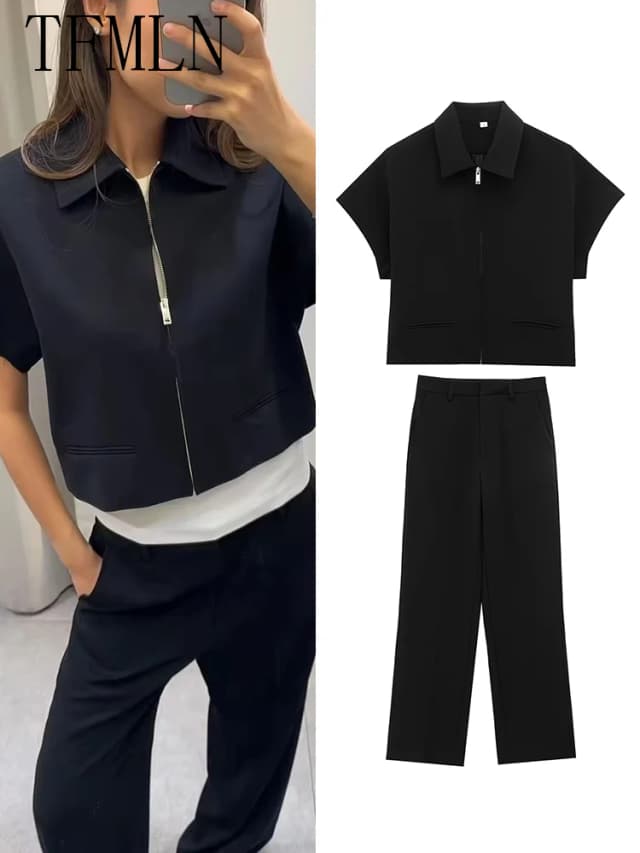 TFMLN-Conjunto de moda para mujer, abrigo ajustado de manga corta con cremallera y solapa, pantalones de pierna ancha, conjunto de dos piezas de ocio, color negro, verano 2025