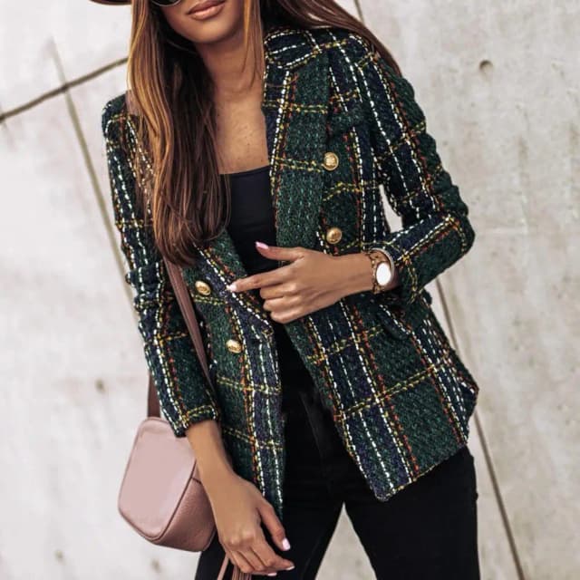 Chaqueta de Tweed con estampado a cuadros para mujer, Blazer informal con botones de doble botonadura, corte ajustado, bolsillo con solapa, Formal, Primavera