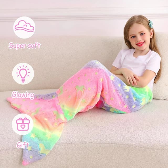 Manta de cola de sirena de unicornio arcoíris de dibujos animados, manta de cola de sirena de franela súper suave que brilla en la oscuridad, regalos para niñas