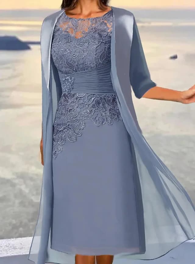 Mãe da noiva vestidos midi empoeirado azul comprimento manga floral bordado em camadas ruched outono tripulação pescoço elegante maduro فستان